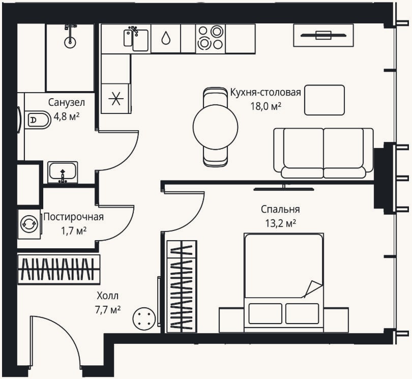 Планировка: 2-к, 45,4 м²