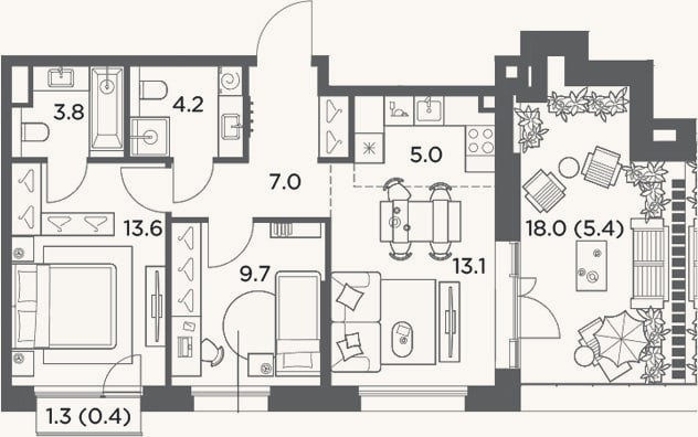 Планировка: 3-к, 56,4 м²