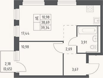 Планировка: 2-к, 38,7 м²