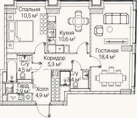 Планировка: 2-к, 61,1 м²