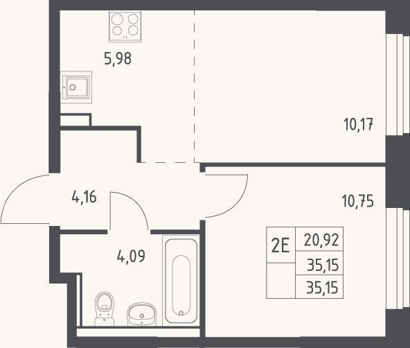 Планировка: 2-к, 35,2 м²