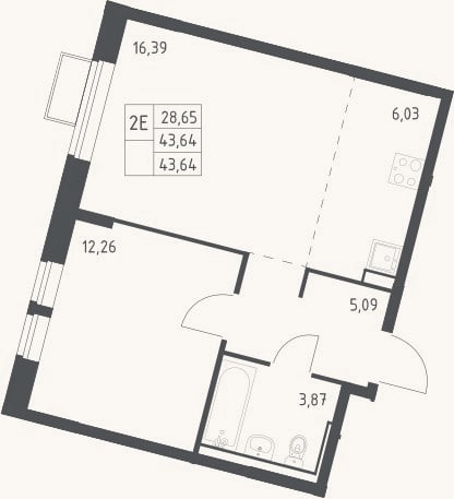 Планировка: 2-к, 43,6 м²