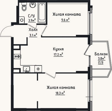 Планировка: 2-к, 52,1 м²