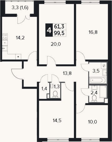 Планировка: 4+ к, 98,9 м²