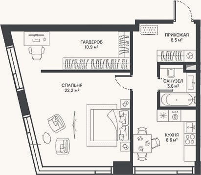 Планировка: 1-к, 53,8 м²
