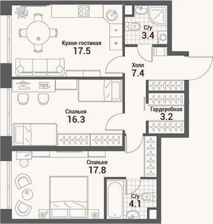 Планировка: 3-к, 69,7 м²