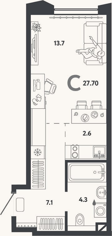 Планировка: Студия, 27,7 м²
