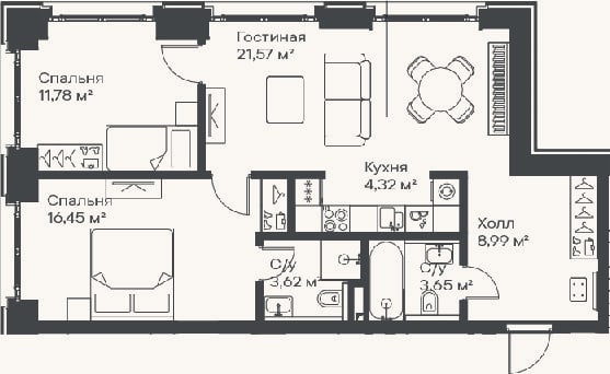 Планировка: 3-к, 70,4 м²