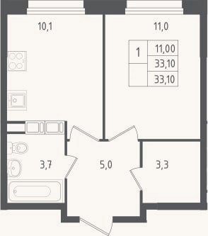 Планировка: 1-к, 33,1 м²