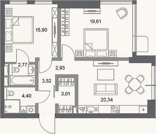 Планировка: 2-к, 72,5 м²