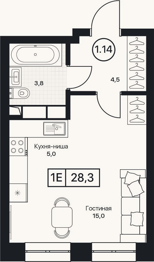 Планировка: Студия, 28,3 м²