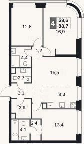 Планировка: 4+ к, 88,7 м²