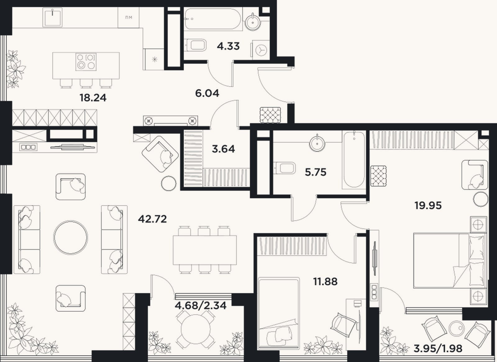 Планировка: 4+ к, 112,7 м²