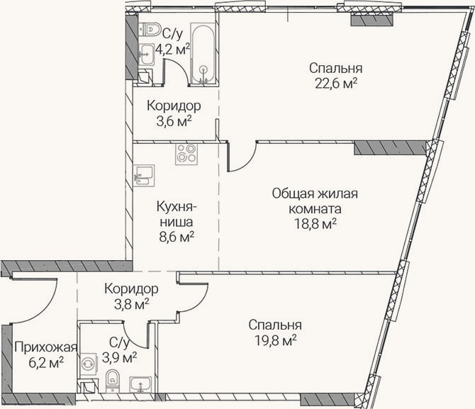 Планировка: 3-к, 91,5 м²