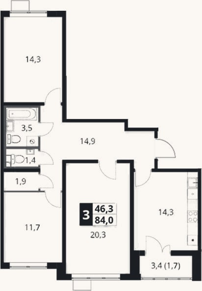 Планировка: 3-к, 82,3 м²
