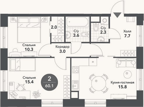 Планировка: 3-к, 60,1 м²