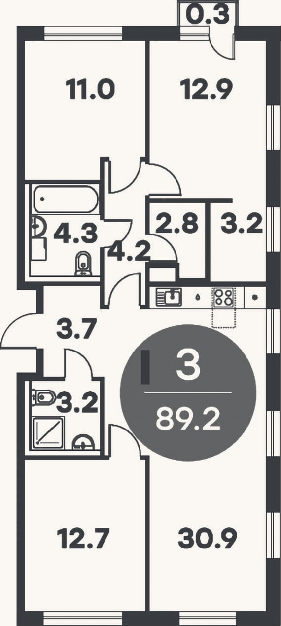 Планировка: 3-к, 88,9 м²