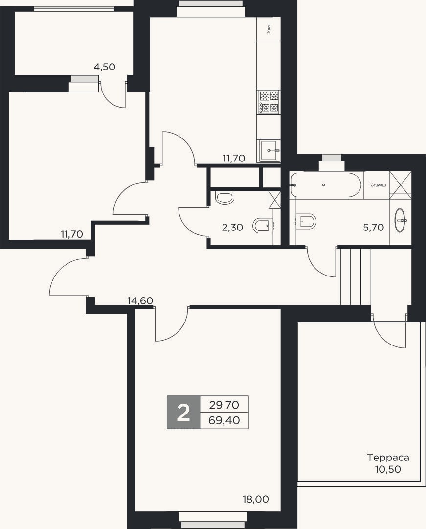 Планировка: 2-к, 64 м²
