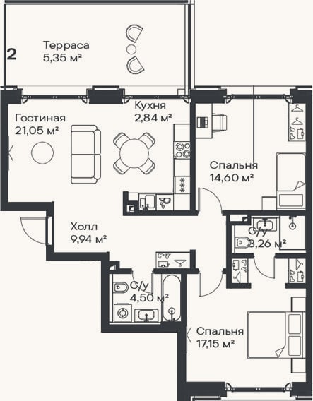 Планировка: 3-к, 68,8 м²
