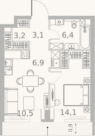 Планировка: 2-к, 44,2 м²