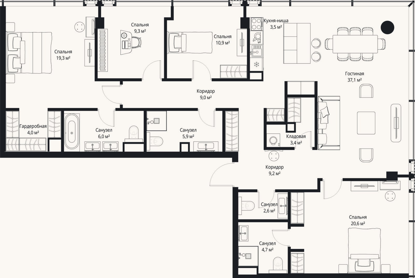 Планировка: 4+ к, 145,5 м²