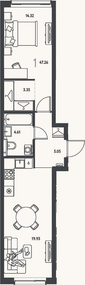 Планировка: 1-к, 47,3 м²