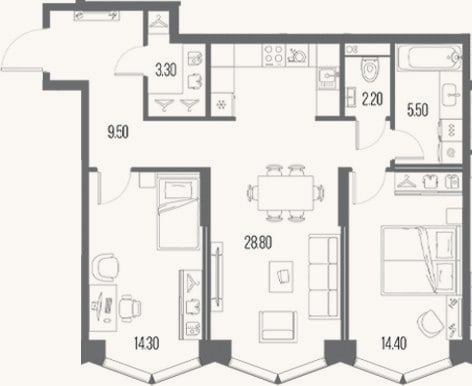 Планировка: 2-к, 78,2 м²