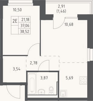 Планировка: 2-к, 37,1 м²