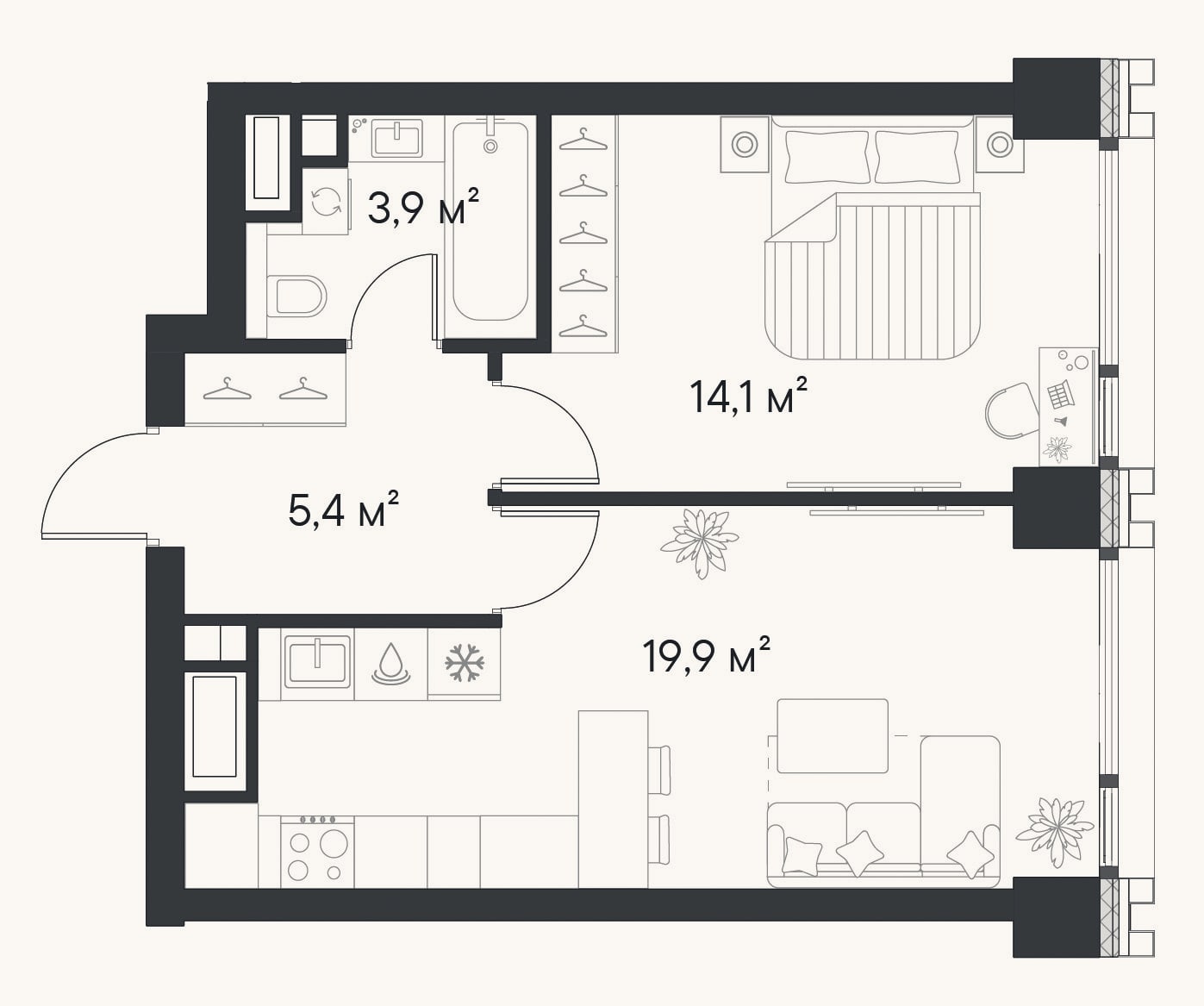 Планировка: 1-к, 43,3 м²