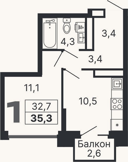 Планировка: 1-к, 32,7 м²