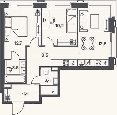 Планировка: 3-к, 57,8 м²