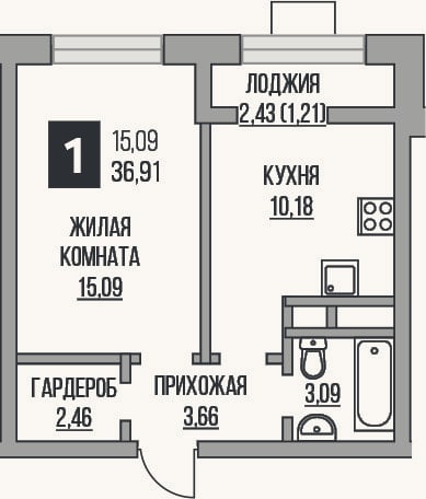 Планировка: 1-к, 34,5 м²