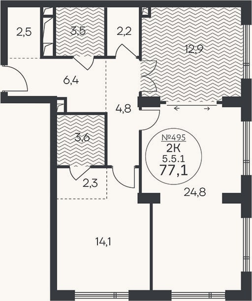 Планировка: 2-к, 77,1 м²