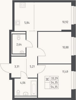 Планировка: 3-к, 54,4 м²