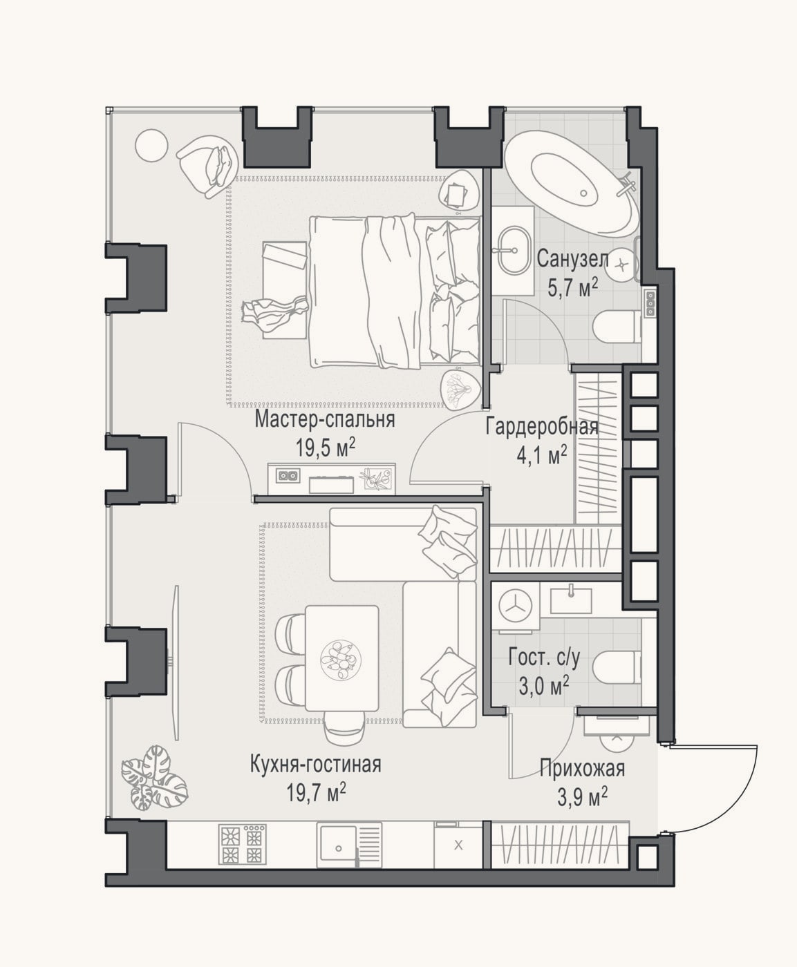 Планировка: 2-к, 56,4 м²