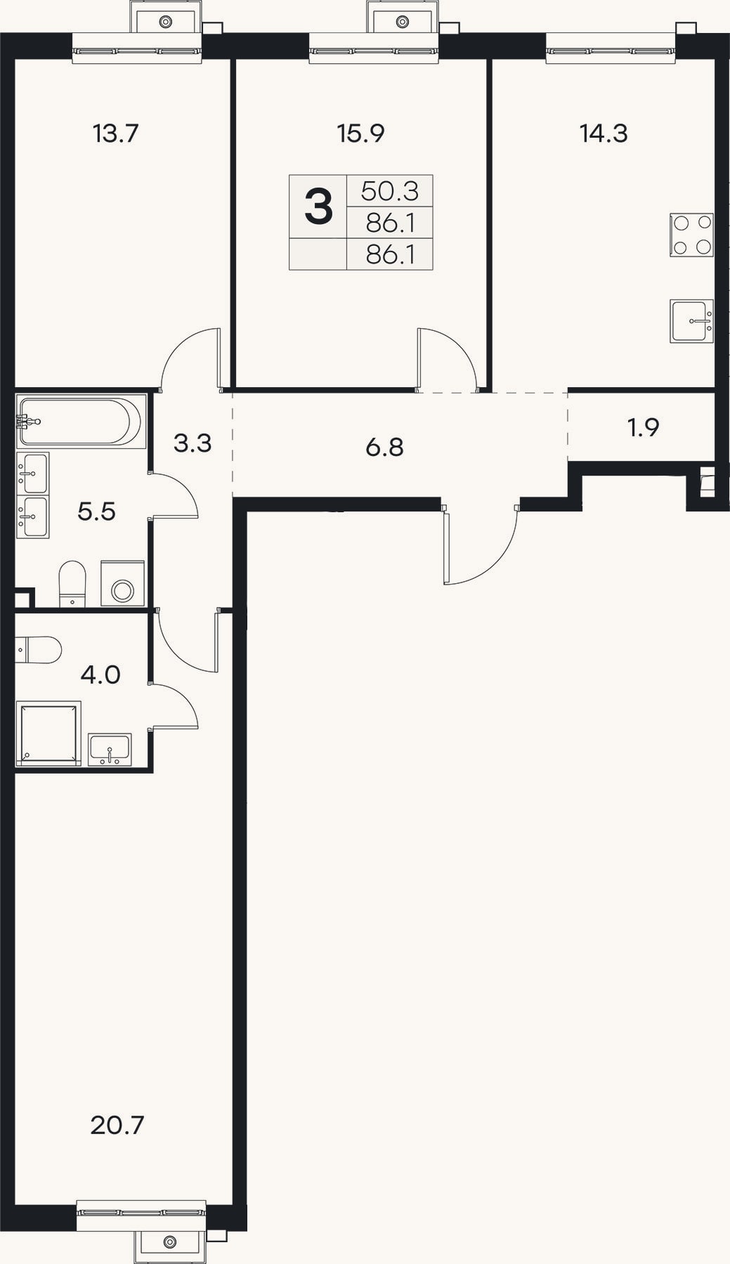 Планировка: 3-к, 86,1 м²