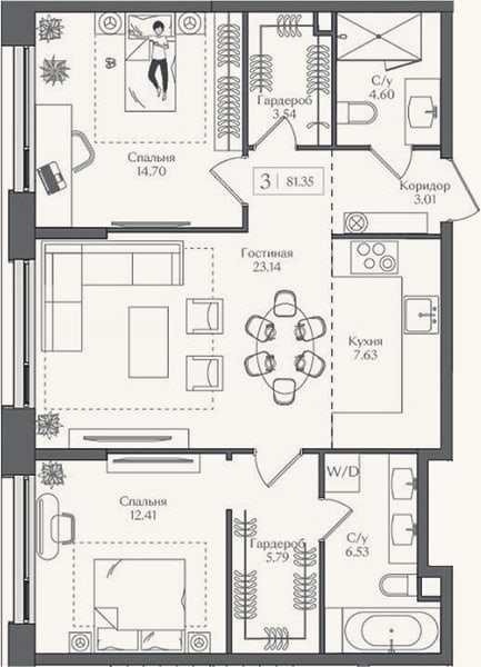 Планировка: 3-к, 81,4 м²
