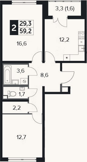 Планировка: 2-к, 58,9 м²