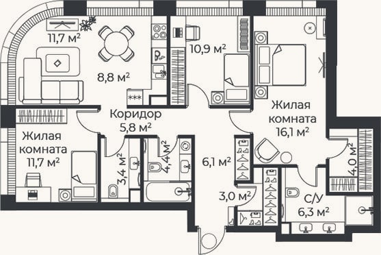 Планировка: 4+ к, 92,1 м²