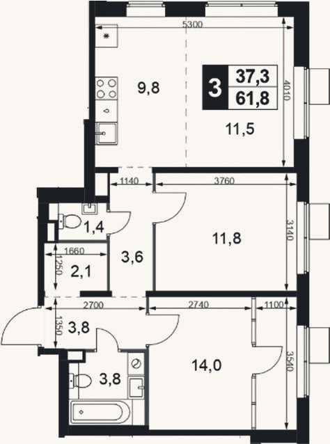 Планировка: 3-к, 61,8 м²