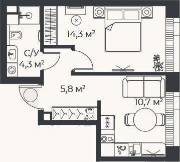 Планировка: 1-к, 35,1 м²