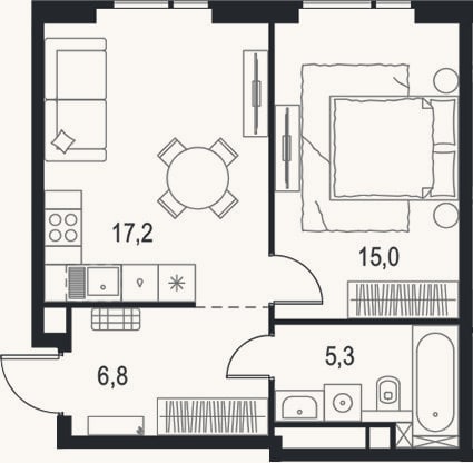 Планировка: 2-к, 44,3 м²