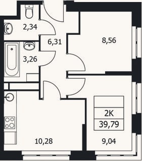 Планировка: 2-к, 39,8 м²