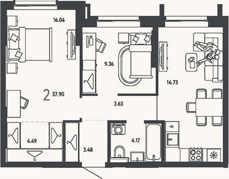 Планировка: 2-к, 57,9 м²