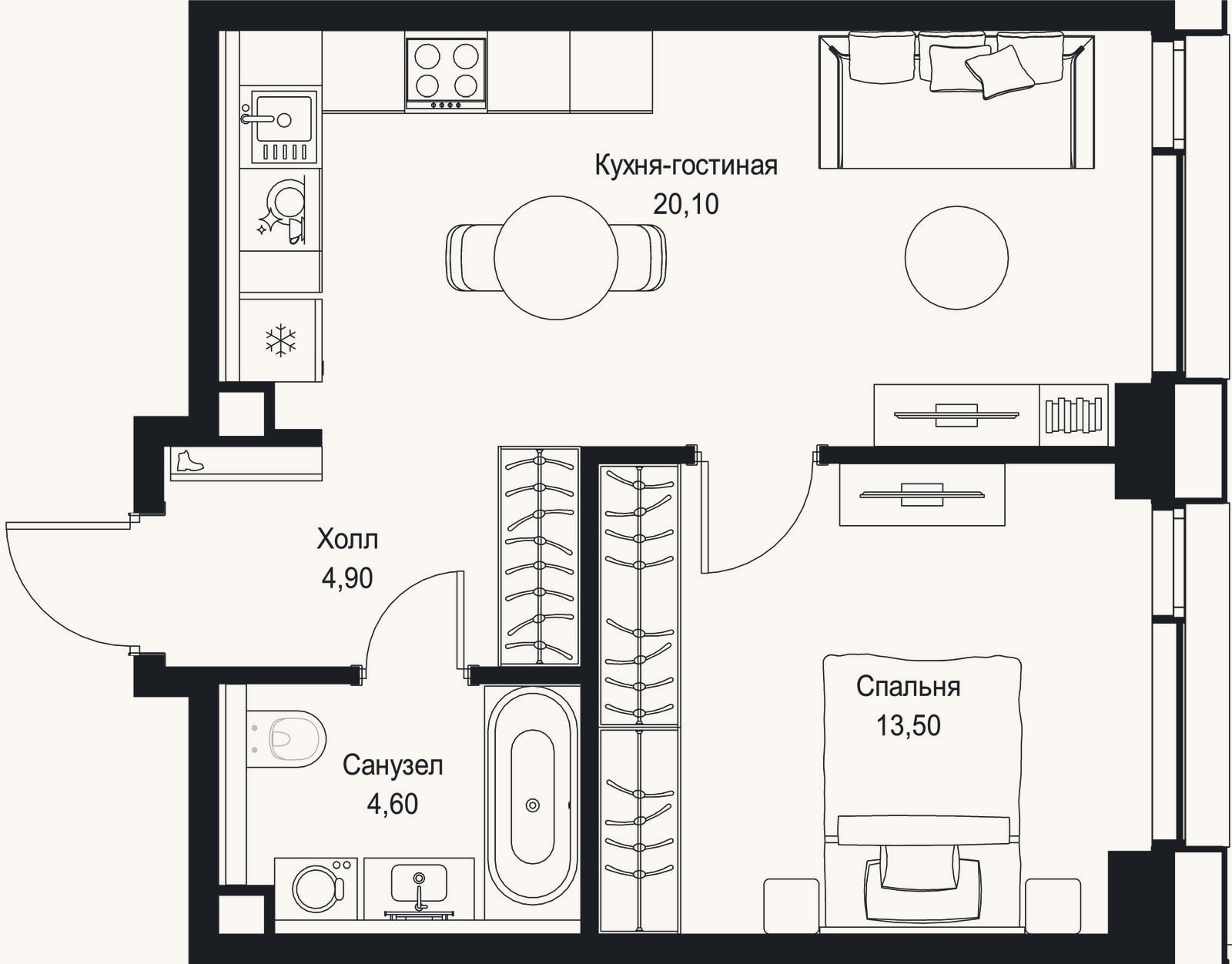 Планировка: 2-к, 43,1 м²