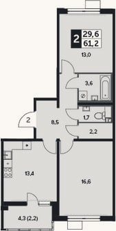 Планировка: 2-к, 59 м²