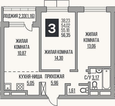 Планировка: 3-к, 54 м²