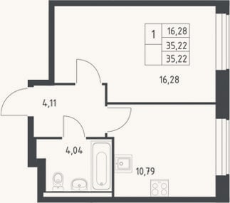 Планировка: 1-к, 35,2 м²
