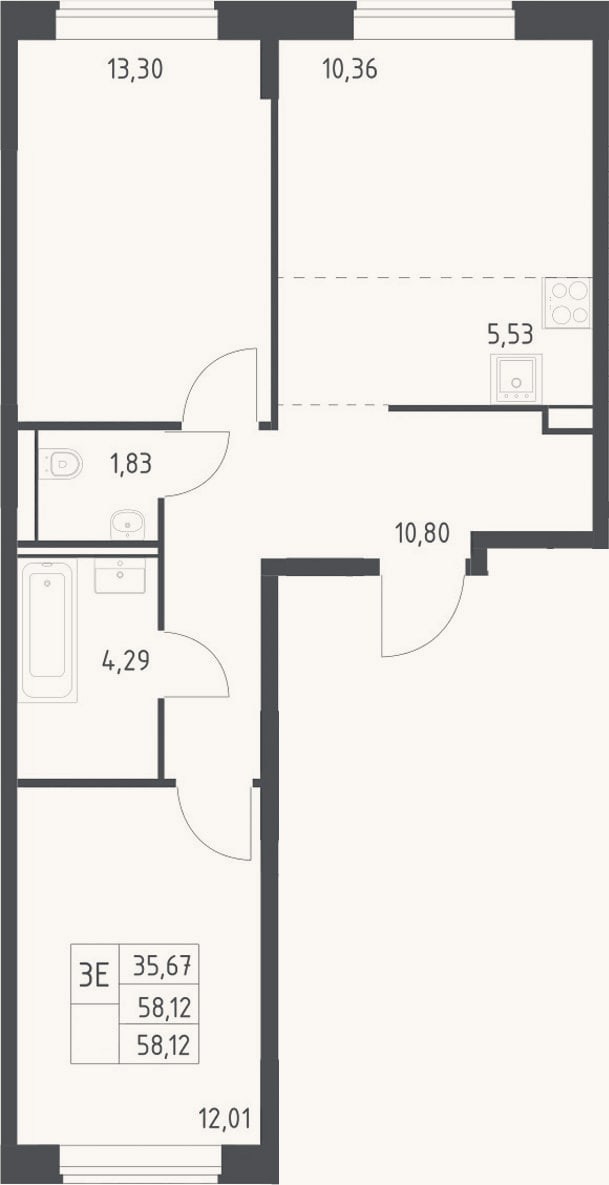 Планировка: 3-к, 58,1 м²