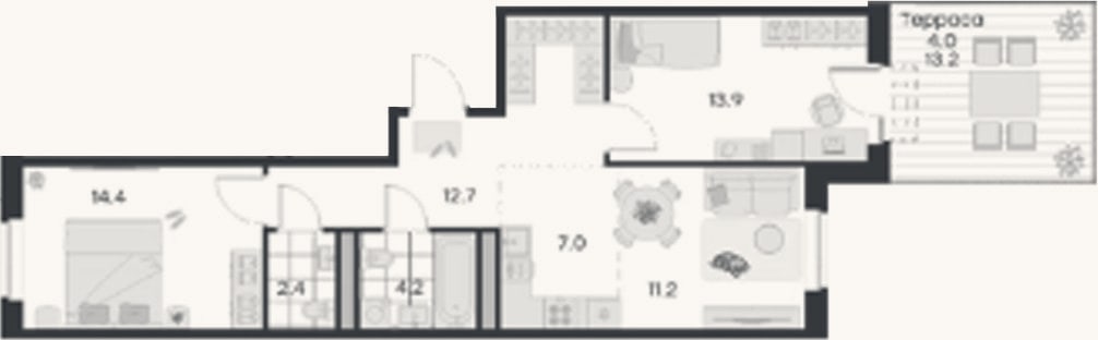 Планировка: 3-к, 65,8 м²